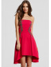 Red Satin Beads Strapless Hi-Low Prom Dress 